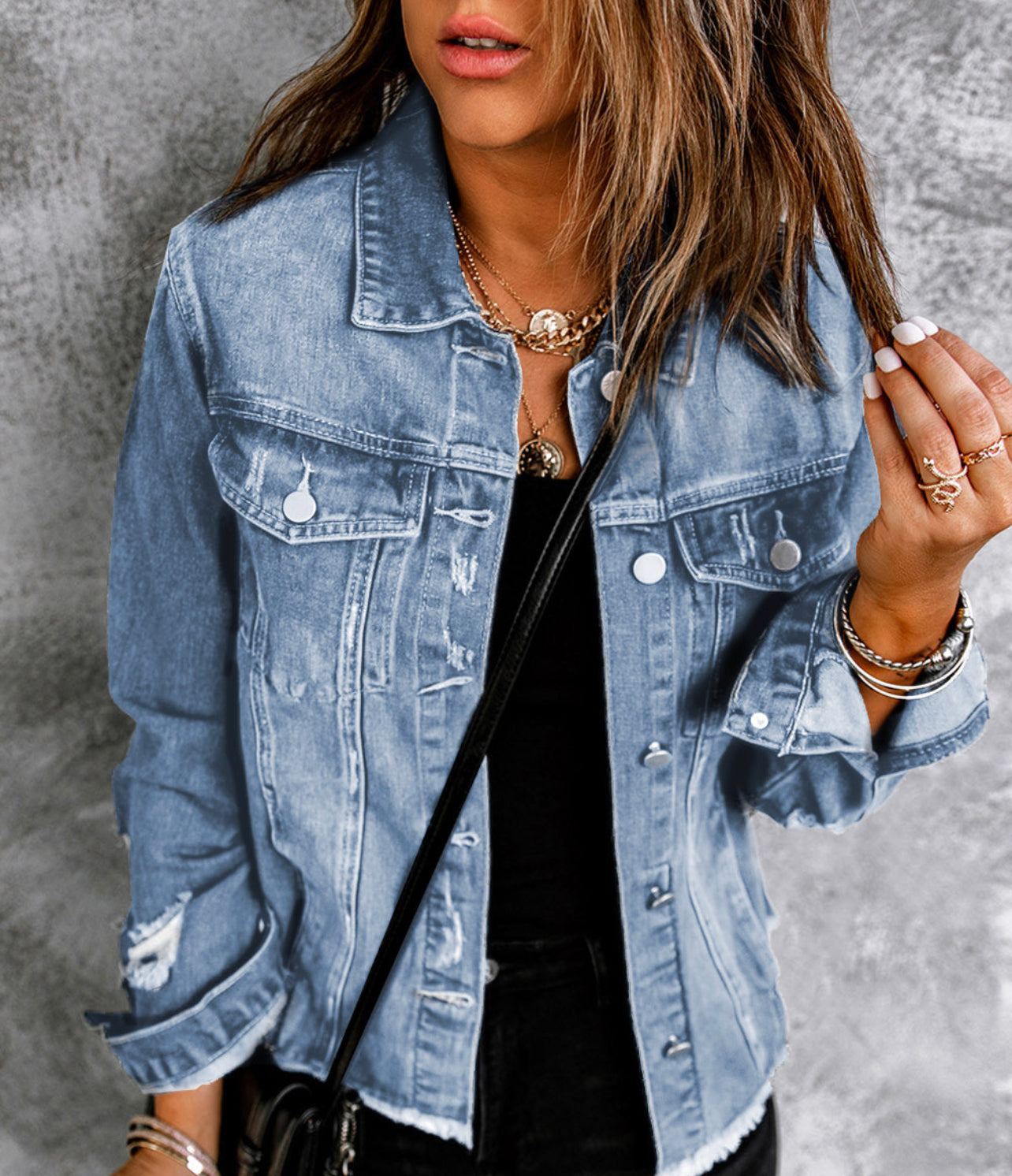 Distressed Raw Hem Denim Jacket