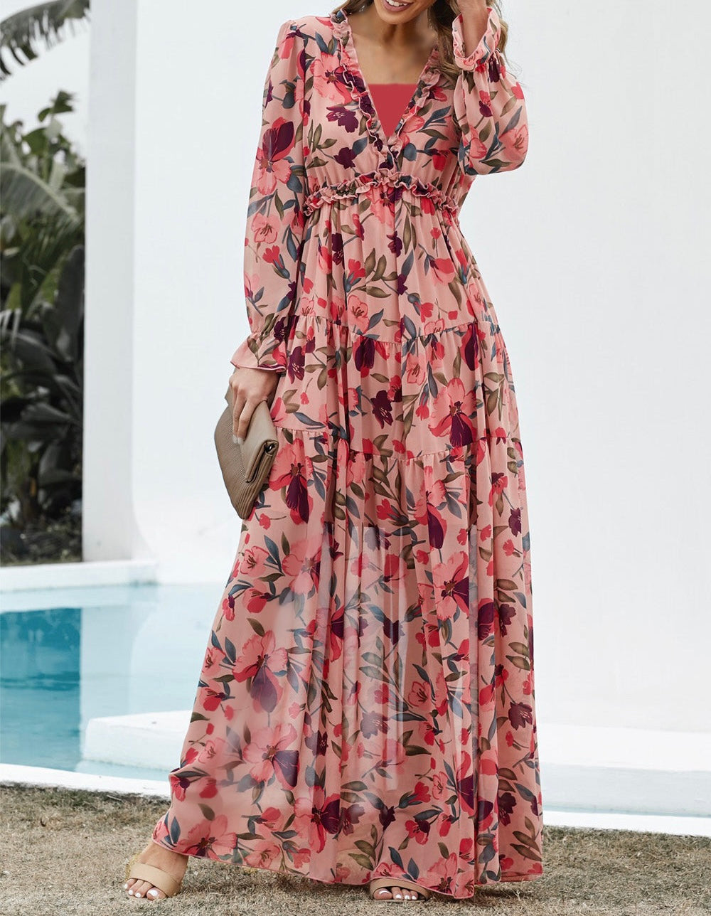 Floral Frill Trim Flounce Sleeve Plunge Maxi Dress, cami/undershirt, not included