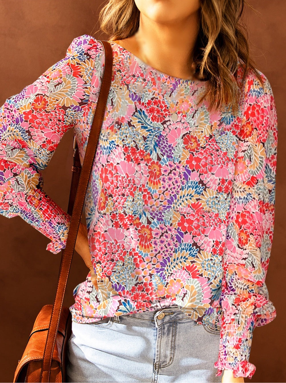 Floral Print Long Puff Sleeve Blouse