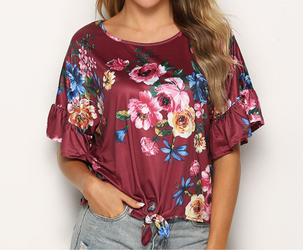 Floral Tie Hem Flounce Sleeve Top