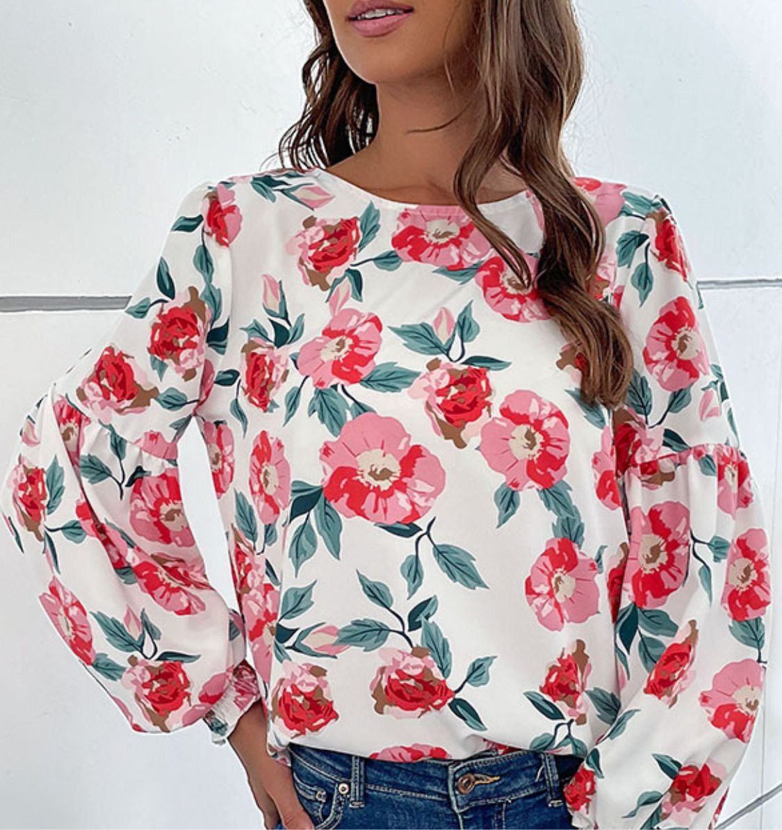 Floral Long Puff Sleeve Round Neck Blouse